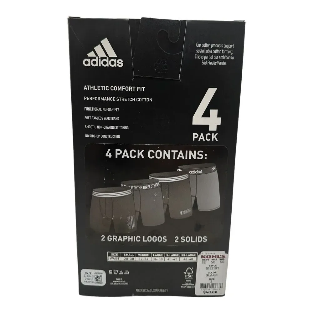 Adidas Men's 4 Pack Stretch Cotton Boxer Brief Athletic Comfort Fit Size S 28-30